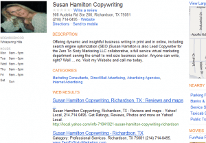 Susan Hamilton Copywriting on Bing Local Business Pages