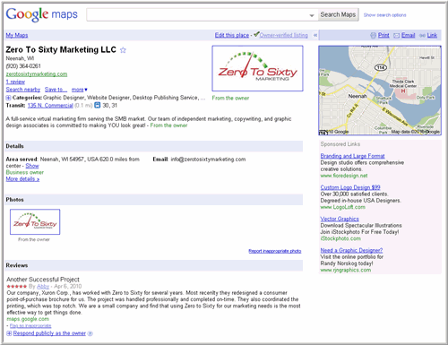 Google Places listing for Zero To Sixty Marketing, Neenah WI