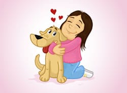 Illustration of girl hugging dog.