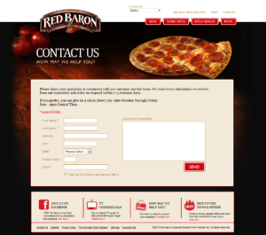 Red Baron Pizza website contact page.
